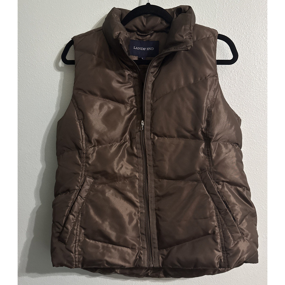 Lands End Down‎ Feather Puffer Vest Womens Medium Brown Full Zip Quilted Basic